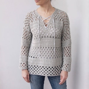 Crochet Pattern lace up woman granny stripes sweater women  pullover, top,  dress, beach cover up, DIY, photo tutorial