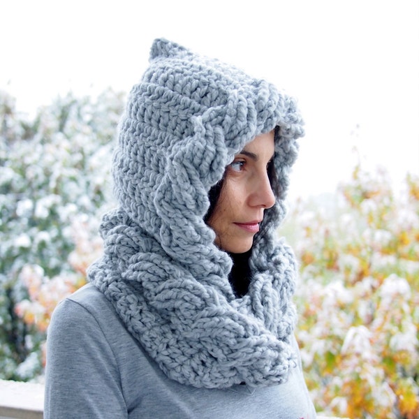 Crochet Pattern cable pixie Hood scarf  loop circle infinity hooded bulky woman braided balaclava, DIY tutorial, Instant download