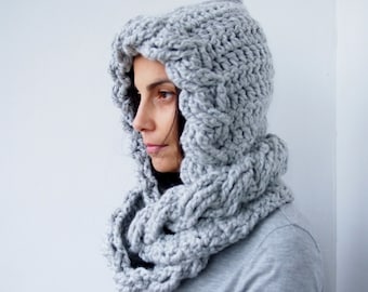 Crochet Pattern cable pixie Hood scarf  loop cirlce infinity hooded scarf bulky women wrap, DIY tutorial, Instant download