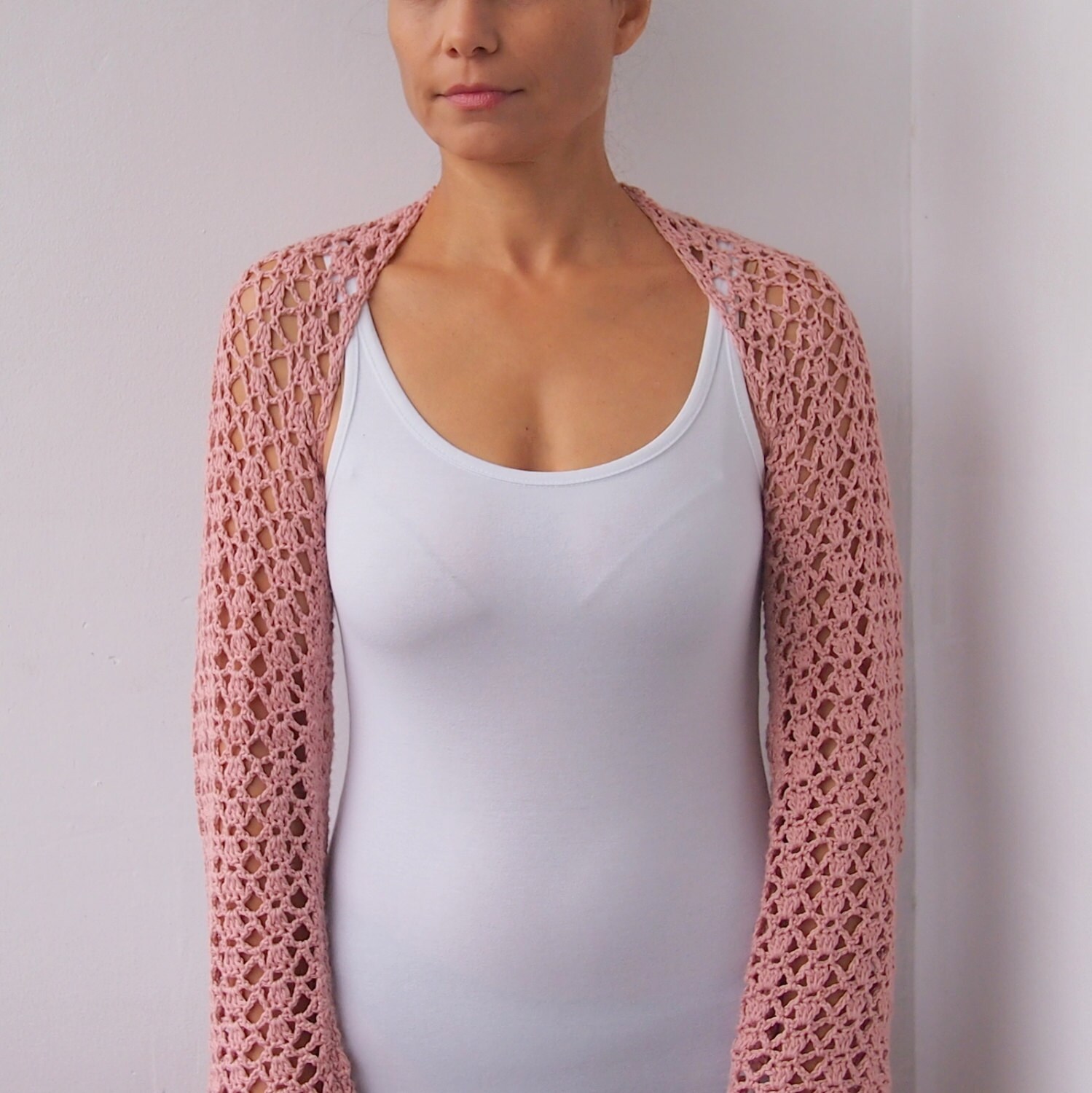 Women's Crochet Cream Longline Button Front Shrug