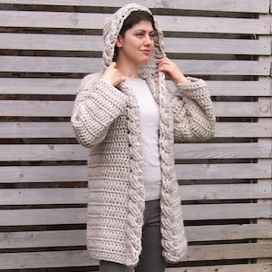 Crochet PATTERN women cable hooded cardigan , women coat, braided sweater DIY tutorial, Instant download image 1