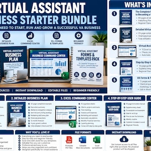May include: A Virtual Assistant Business Starter Bundle featuring five comprehensive resources including a guide, business plan, Excel command center, user guide, and forms pack. The blue and white digital product set includes text, icons, and charts.