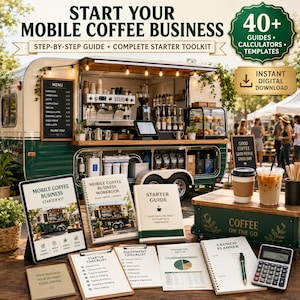 Könnte beinhalten: Ein Starter-Kit für ein mobiles Kaffeegeschäft mit einem Anhänger, Espressomaschine, Menütafel sowie verschiedenen gedruckten Leitfäden, Arbeitsbüchern, Checklisten und einem Taschenrechner. Text: START YOUR MOBILE COFFEE BUSINESS und 40+ GUIDES.
