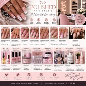 Könnte beinhalten: Ein Werbeflyer für Polished Nail Studio mit einer Übersicht von Nagelpflege-Dienstleistungen wie Maniküre, Pediküre, Gel-Lack, Acryl, Aufbaugel, Soft-Gel-Tips, Dip-Powder und Nailart sowie verschiedenen Nagelpflegeprodukten und Werkzeugen.