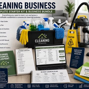 Puede incluir: Un kit de inicio para negocio de limpieza con una cesta negra, botellas de spray, guantes amarillos y paños azules. Incluye un portátil con calculadora de precios, una lista de verificación, un manual, un letrero de advertencia y una aspiradora.