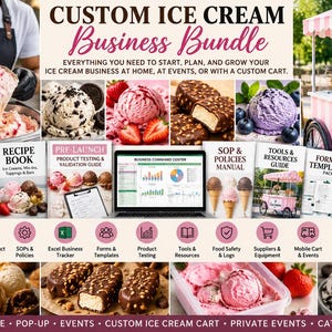 May include: A digital business bundle for an ice cream venture, featuring text titled Custom Ice Cream Business Bundle. The layout includes images of ice cream, a mobile cart, and various document covers like Business Plan and Recipe Book.