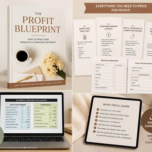 Może przedstawiać: Cyfrowy pakiet produktów zatytułowany The Profit Blueprint, zawierający 20-stronicowy przewodnik, automatyczny kalkulator cen w programie Excel oraz różne arkusze robocze. Materiały zawierają tekst dotyczący strategii cenowych i analizy kosztów.