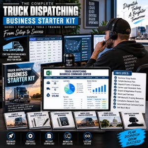 May include: A truck dispatching business starter kit featuring a large binder, six spiral-bound workbooks, and a digital command center display. The kit includes guides, templates, and training resources for freight logistics, displayed with a person wearing a headset at a computer workstation.