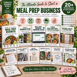 Può includere: Un pacchetto aziendale digitale intitolato The Ultimate Guide to Start a Meal Prep Business, che include oltre 20 risorse come guide passo-passo, modelli, calcolatrici e pianificatori. Il set comprende vari manuali stampati, un taccuino e una penna.