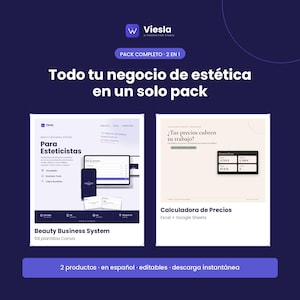 Pack completo para esteticistas: Beauty Business System y Calculadora de Precios en un solo pack, en español.