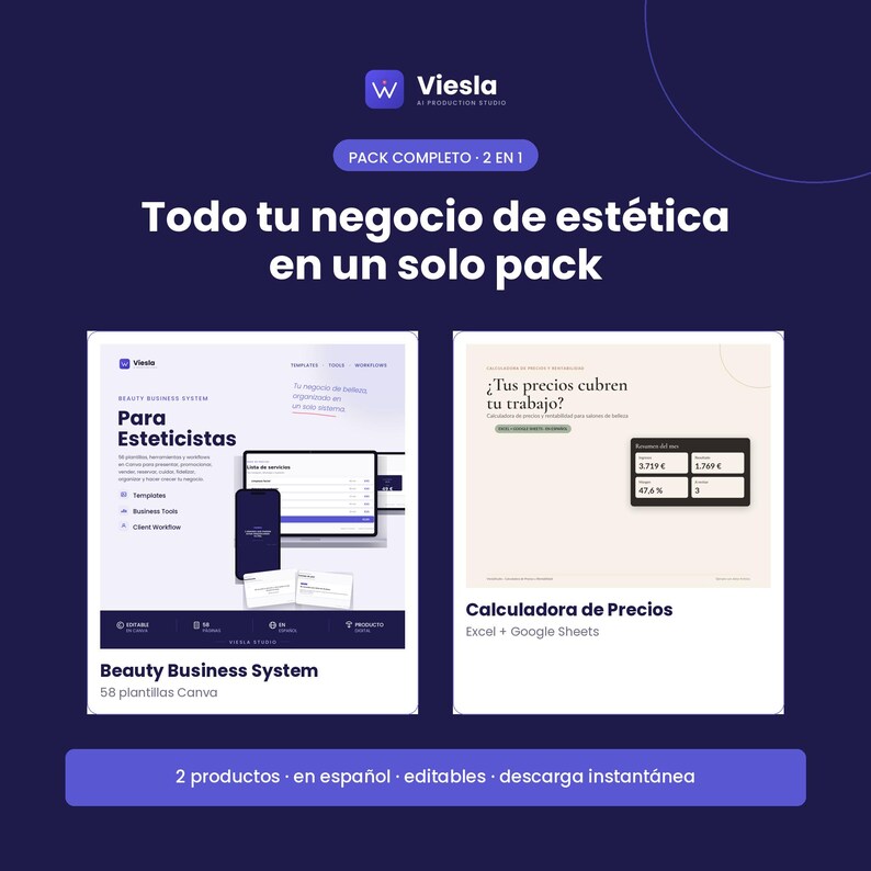 Pack completo para esteticistas: Beauty Business System y Calculadora de Precios en un solo pack, en español.