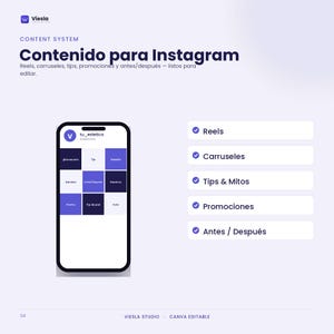 Może przedstawiać: Szablon cyfrowego systemu treści dla Instagrama z grafiką smartfona przedstawiającą siatkę dziewięciu kwadrat&oacute;w. Tekst zawiera Content System, Contenido para Instagram, Reels, Carruseles, Tips & Mitos, Promociones oraz Antes / Despu&eacute;s.