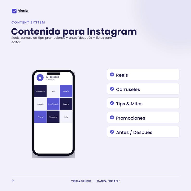 Może przedstawiać: Szablon cyfrowego systemu treści dla Instagrama z grafiką smartfona przedstawiającą siatkę dziewięciu kwadrat&oacute;w. Tekst zawiera Content System, Contenido para Instagram, Reels, Carruseles, Tips & Mitos, Promociones oraz Antes / Despu&eacute;s.
