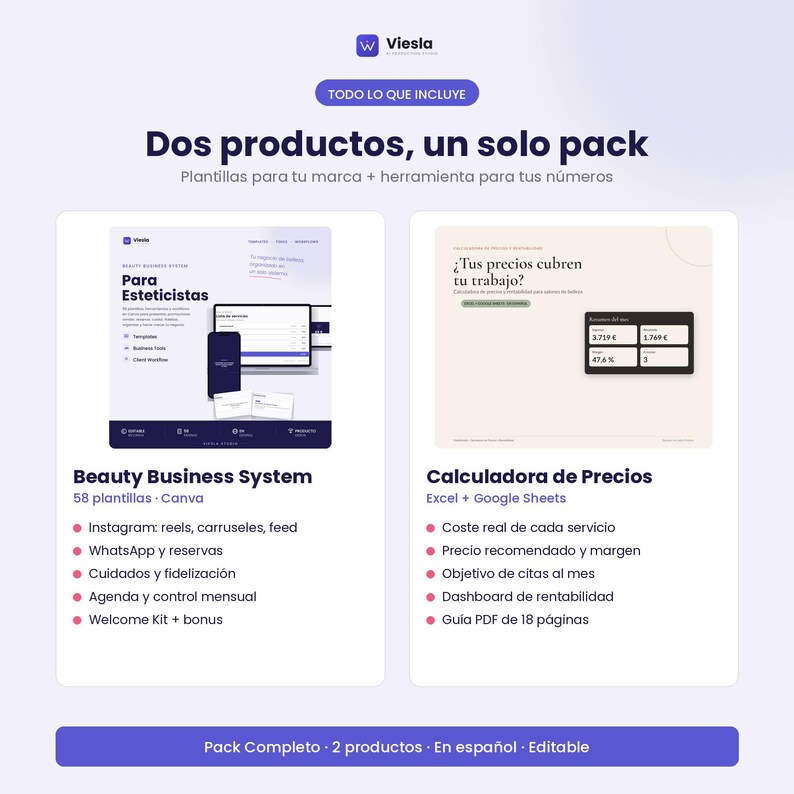 Contenido del pack: 58 plantillas de Canva y una calculadora de precios en Excel y Google Sheets.