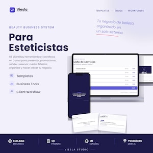 May include: A digital product display for Viesla Beauty Business System featuring a laptop, smartphone, and cards. Text includes "Para Esteticistas," "56 plantillas," "Lista de servicios," and "58 páginas." The design uses a white and dark blue color scheme.