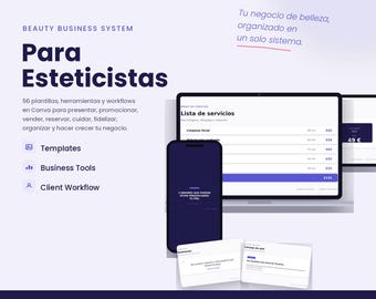 May include: A digital product display for Viesla Beauty Business System featuring a laptop, smartphone, and cards. Text includes "Para Esteticistas," "56 plantillas," "Lista de servicios," and "58 páginas." The design uses a white and dark blue color scheme.