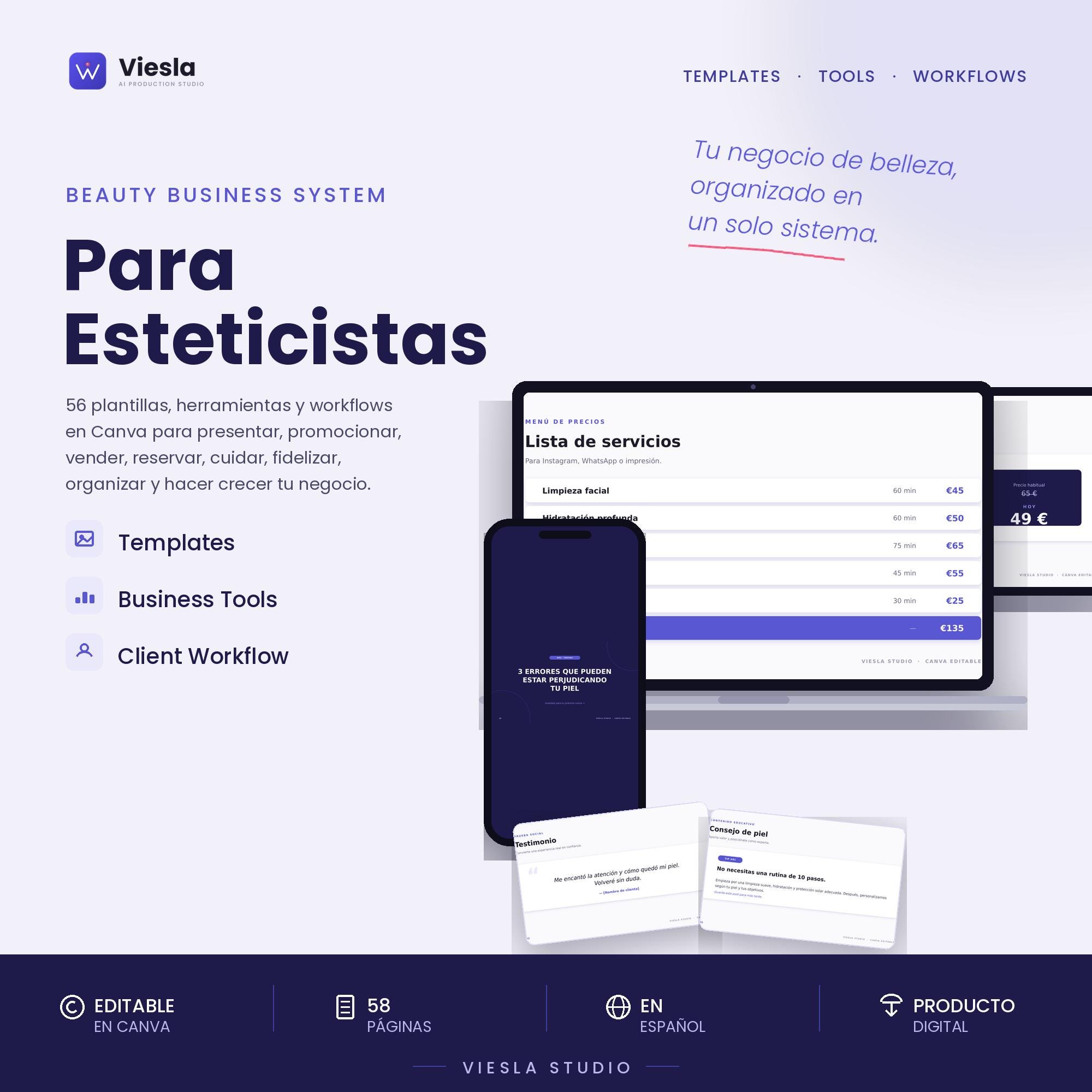 نظام Beauty Business System من Viesla Studio مع 58 صفحة Canva قابلة للتحرير