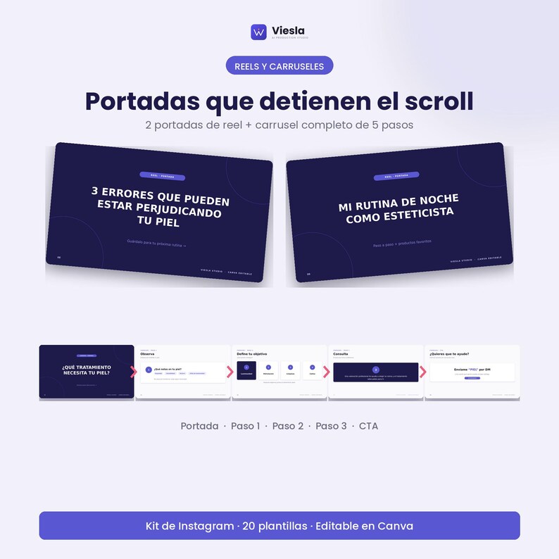 Portadas de reels y carrusel de 5 pasos para esteticistas, listos para editar en Canva.