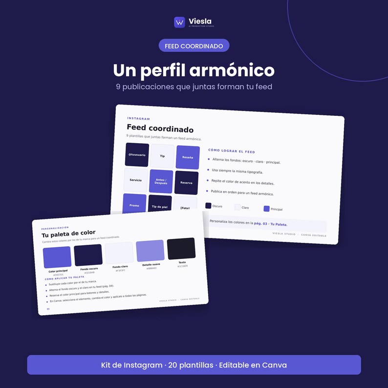 Feed coordinado de 9 publicaciones y guía de paleta de color para un perfil de Instagram armónico.