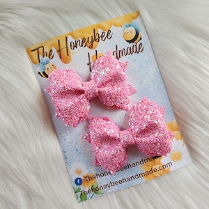 3in Pink Glitter Pinch Piggy Set, Piggy Bows, Pigtail Bows, Girls Hair Bow