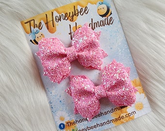 3in Pink Glitter Pinch Piggy Set, Piggy Bows, Pigtail Bows, Girls Hair Bow