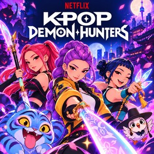 Peut inclure: Une illustration numérique intitulée Netflix K-POP DEMON HUNTERS montrant trois personnages aux cheveux colorés tenant des armes lumineuses. Une créature bleue semblable à un tigre et un petit oiseau figurent devant un ciel urbain violet.