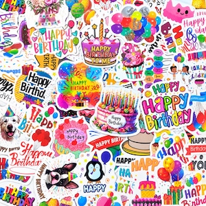 May include: A collection of assorted vinyl stickers featuring various birthday themes, including colourful cakes with candles, balloons, party animals, and the text Happy Birthday in diverse fonts, styles, and vibrant colour palettes.