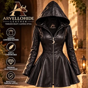 Women's Black Hooded Leather Coat, Gothic Flared Jacket, Long Zip Up Witchy Trench Coat