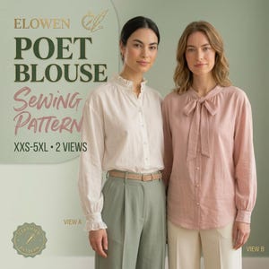 Puede incluir: Un patrón de costura para blusa con la etiqueta ELOWEN POET BLOUSE SEWING PATTERN XXS-5XL 2 VIEWS. La imagen muestra dos versiones de la blusa: una en color blanco roto con cuello de volantes y otra en rosa empolvado con lazo y botones.