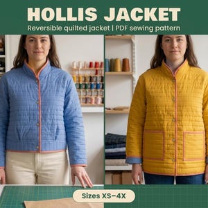 May include: A reversible quilted Hollis jacket featuring a stand-up collar, long sleeves, and a button-front closure. The jacket is shown in two colorways: one side is light blue with pink trim, and the other is mustard yellow with pink trim.