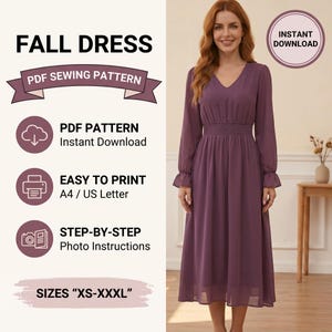 Peut inclure: Un patron de couture PDF pour une robe mi-longue à manches longues de couleur mauve unie. La robe présente un décolleté en V, une taille élastiquée froncée et des poignets à volants. Le texte indique FALL DRESS, PDF SEWING PATTERN, INSTANT DOWNLOAD, EASY TO PRINT A4 / US Letter, STEP-BY-STEP Photo Instructions, et SIZES XS-XXXL.