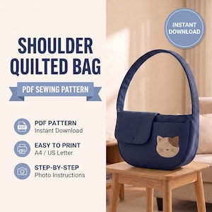 May include: A navy blue shoulder quilted bag with a single strap and a flap closure. The front features a light brown cat face applique. Text on the image includes SHOULDER QUILTED BAG, PDF SEWING PATTERN, INSTANT DOWNLOAD, EASY TO PRINT A4 / US LETTER, and STEP-BY-STEP PHOTO INSTRUCTIONS.