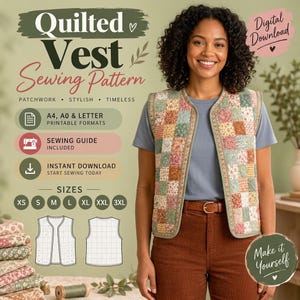 May include: A quilted vest sewing pattern featuring a patchwork design with various floral and geometric patterns in muted tones. The digital download includes A4, A0, and letter printable formats, a sewing guide, and sizes ranging from XS to 3XL.