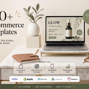 Puede incluir: Una pantalla de producto digital que presenta más de 400 plantillas de anuncios de comercio electrónico estáticos para Canva. La pantalla de un portátil muestra un anuncio de cuidado de la piel con el texto GLOW Naturally. El gráfico incluye iconos para tiendas online, campañas de alta conversión, anuncios en redes sociales y logotipos de Stripe, Shopify, Meta Ads, Google Ads e Instagram.
