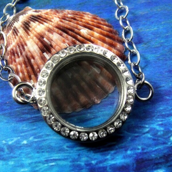 GLASS MEMORY LOCKET for floating charms - magnetic closure- Large circle  25mm round with crystals-Stainless Steel Alloy