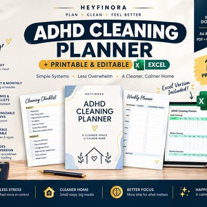 Pode incluir: Um conjunto de planejador de limpeza para TDAH com capa, lista de verificação, planejador semanal e versão em Excel. Os documentos incluem texto como ADHD CLEANING PLANNER, A CLEANER SPACE A CALMER MIND e vários ícones de tarefas diárias.
