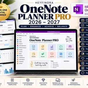 May include: A digital OneNote Planner Pro for 2026-2027 displayed on a laptop screen. The interface features colourful icons for tasks, goals, habits, and finance. Text includes 'Plan, Organize, Achieve, Balance' and 'Small steps every day lead to big results.'