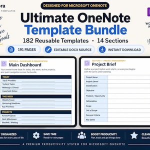 May include: A digital productivity template bundle for Microsoft OneNote featuring 182 reusable templates across 14 sections. The display shows a Main Dashboard and a Project Brief page with blue and white text, including 191 pages and editable DOCX source files.