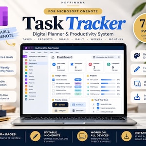 May include: A digital task tracker for Microsoft OneNote displayed on a laptop screen. The dashboard shows task counts, project progress bars, a priority matrix, and a daily task list. The interface includes navigation tabs for tasks, projects, goals, daily, weekly, and monthly views.