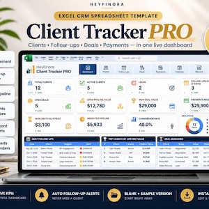 Op de afbeelding: Een laptopscherm met het Excel CRM-spreadsheet-sjabloon Client Tracker PRO. Het dashboard bevat secties voor totaal aantal klanten, actieve klanten, leads, openstaande deals, pijplijnwaarde, ontvangen betalingen en een cirkeldiagram.