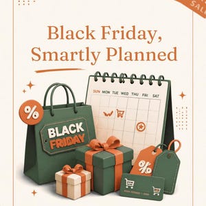 Op de afbeelding: Een promotionele afbeelding met een groene boodschappentas met het label Black Friday, een bureaukalender met winkeliconen, twee geschenkdozen met oranje linten en twee prijskaartjes met percentages. De tekst luidt Black Friday, Smartly Planned.