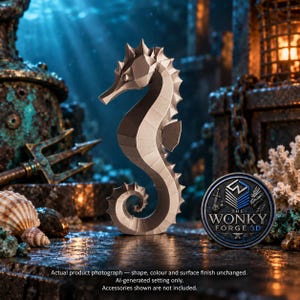 May include: A light-coloured, low-poly seahorse figurine with a geometric, faceted surface texture. The seahorse stands upright with a curled tail and a prominent dorsal fin. A circular logo badge with the text THE WONKY FORGE 3D is visible.