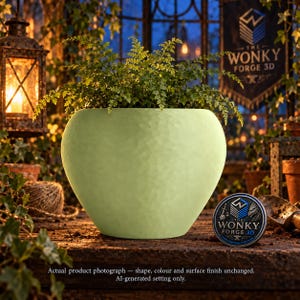 May include: A light green, rounded planter with a textured, hammered surface finish. The planter contains a lush green fern plant. Next to the planter sits a circular metal token featuring the text THE WONKY FORGE 3D and a dragon logo.