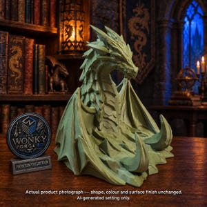 May include: A light green dragon figurine with sharp, angular scales and folded wings. Next to the dragon is a circular black and silver medallion with the text "THE WONKY FORGE 3D" and "PREMIUM COLLECTION" printed on a small rectangular base.
