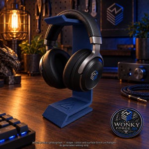 May include: A pair of black over-ear headphones with silver accents resting on a matte blue L-shaped stand. The headphones feature a small logo on the ear cup, and the stand has a matching embossed logo on its base, providing a stable display.