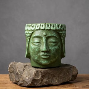 Dekorativer Buddha-Kopf-Pflanztopf, Gips, salbeigrüne Acrylfarbe, skulpturaler Blumentopf