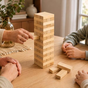 May include: A tall tower constructed from rectangular light-colored wooden blocks stacked in alternating horizontal layers. One block is being partially removed from the structure by a hand, while several loose wooden blocks lie nearby.