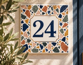 Personlig Terrazzo-husnummerplatta, Medelhavsadressskylt (15 x 15 cm)