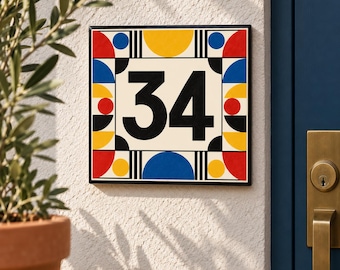 Bauhaus geometrisk keramisk husnummerplatta, modernistisk adressplakett (15 x 15 cm)
