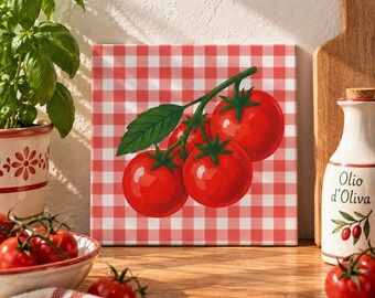 Keramiska tomatplattor, röd gingham köksdekor, medelhavsväggkonst (15 x 15 cm)